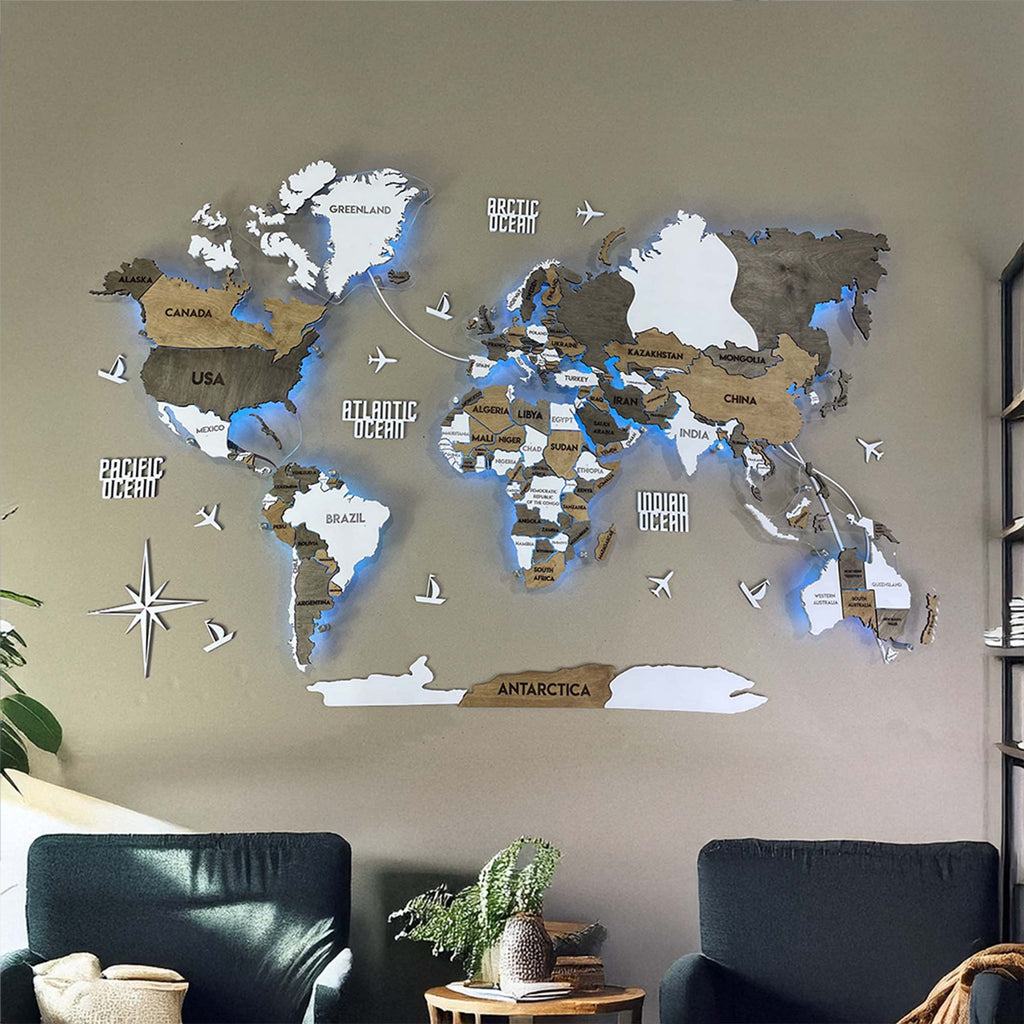 Одношарова карта світу з прозорою основою та RGB підсвіткою між країнами колір Grunge