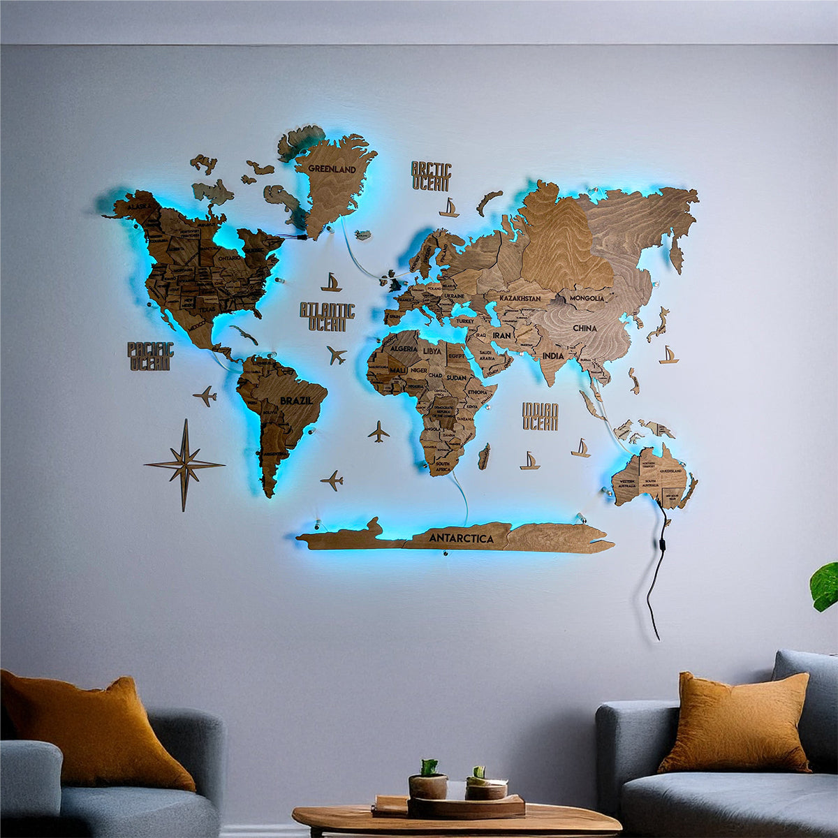 Багатошарова карта світу з підсвіткою RGB колір Brown