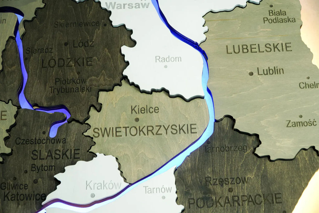 Дерев'яна багатошарова карта Польщі з підсвіткою річок та контуру, колір Black&White