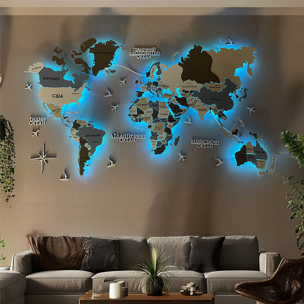 Одношарова карта світу з RGB підсвіткою між країнами колір Indi