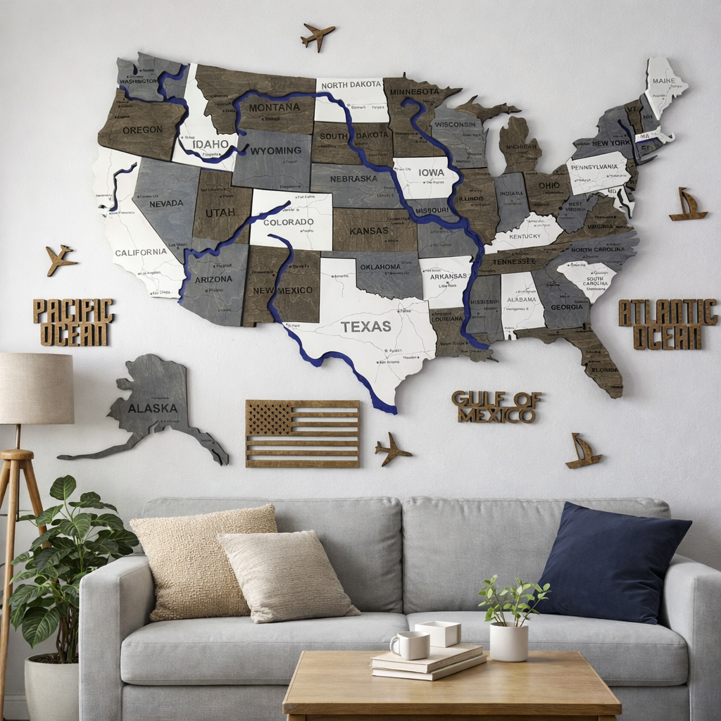 Багатошарова карта США з фарбованими річками та дорогами, колір Loft