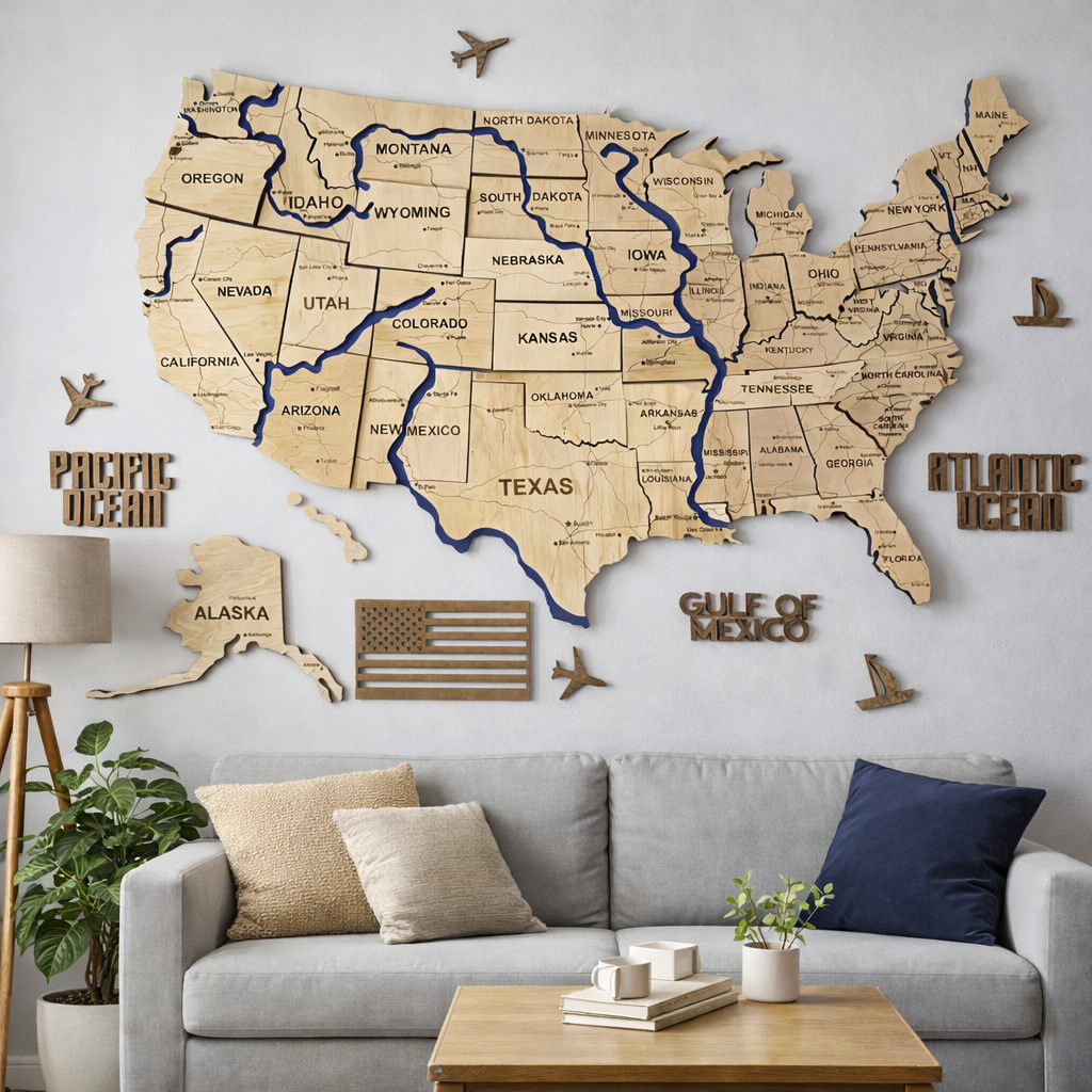 Багатошарова карта США з фарбованими річками та дорогами, колір Natural