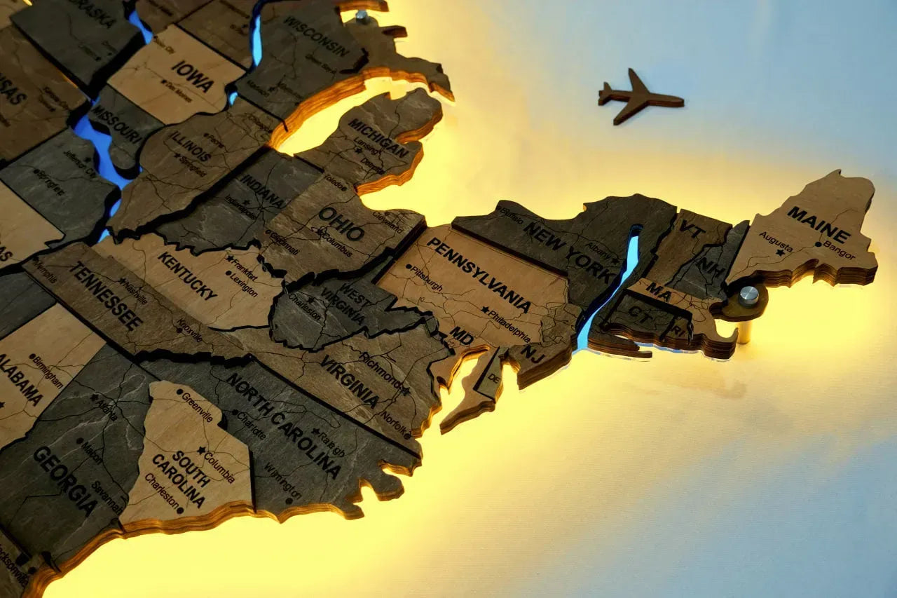 Карта США на акрилі, з дорогами та підсвіткою річок та по контуру, колір Elis