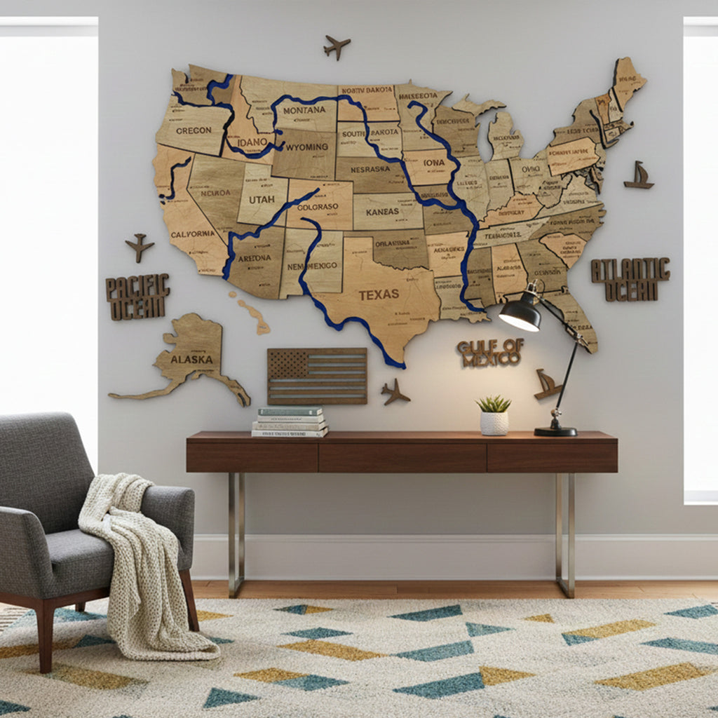 Багатошарова карта США з фарбованими річками та дорогами, колір Light Tree