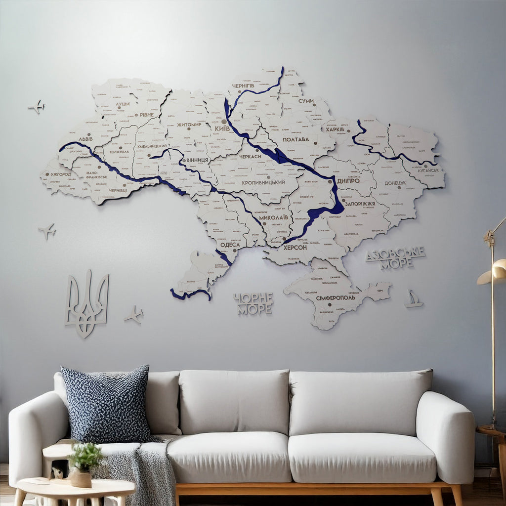 Деталізована карта України багатошарова 3D з річками колір White