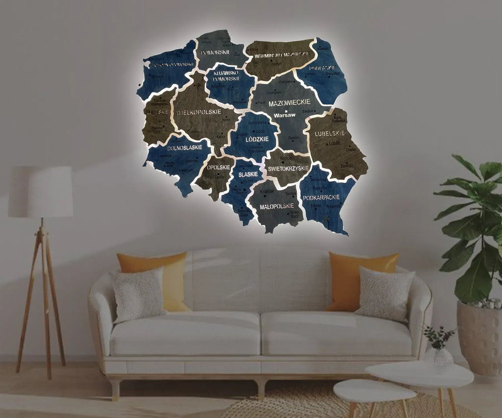 Карта Польщі на акрилі з підсвіткою між областями колір Lodz