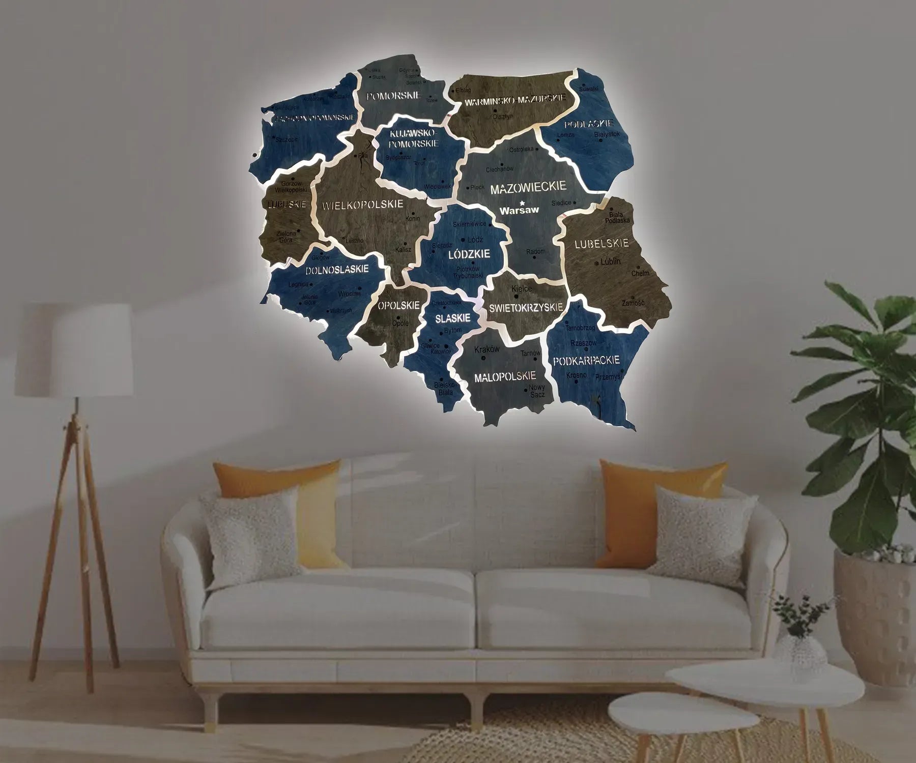 Карта Польщі на акрилі з підсвіткою між областями колір Lodz