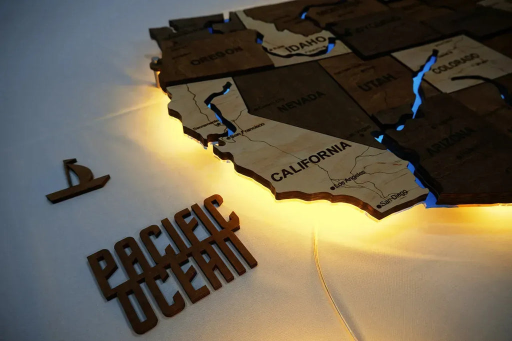 Карта США на акрилі, з дорогами та підсвіткою річок та по контуру, колір Wander