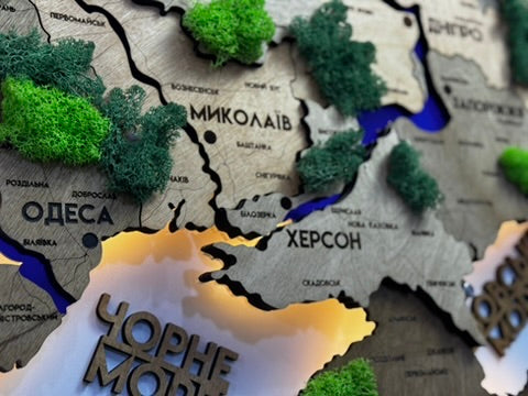 Деталізована карта України з підсвіткою річок та по контуру і мохом колір Light tree