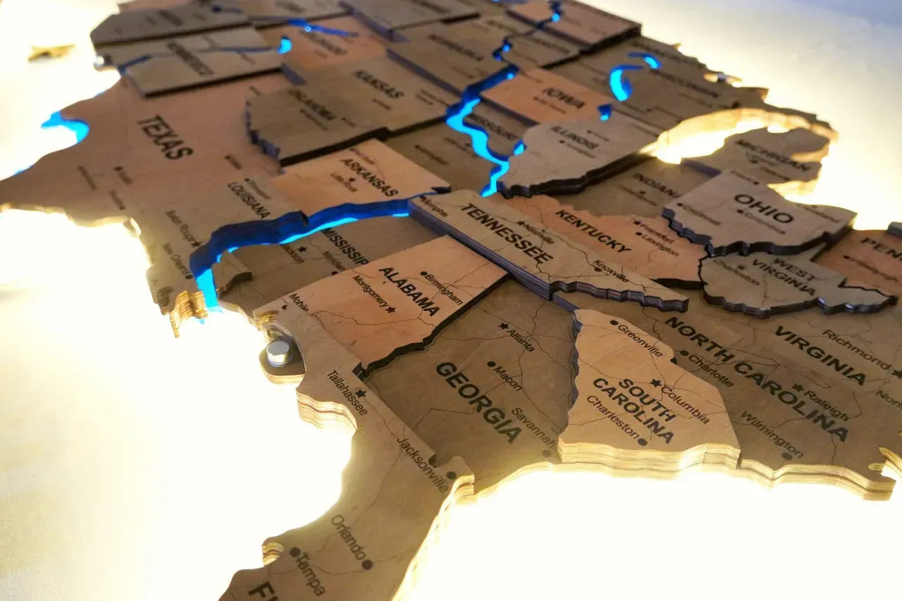 Карта США на акрилі, з дорогами та підсвіткою річок та по контуру, колір Light Tree