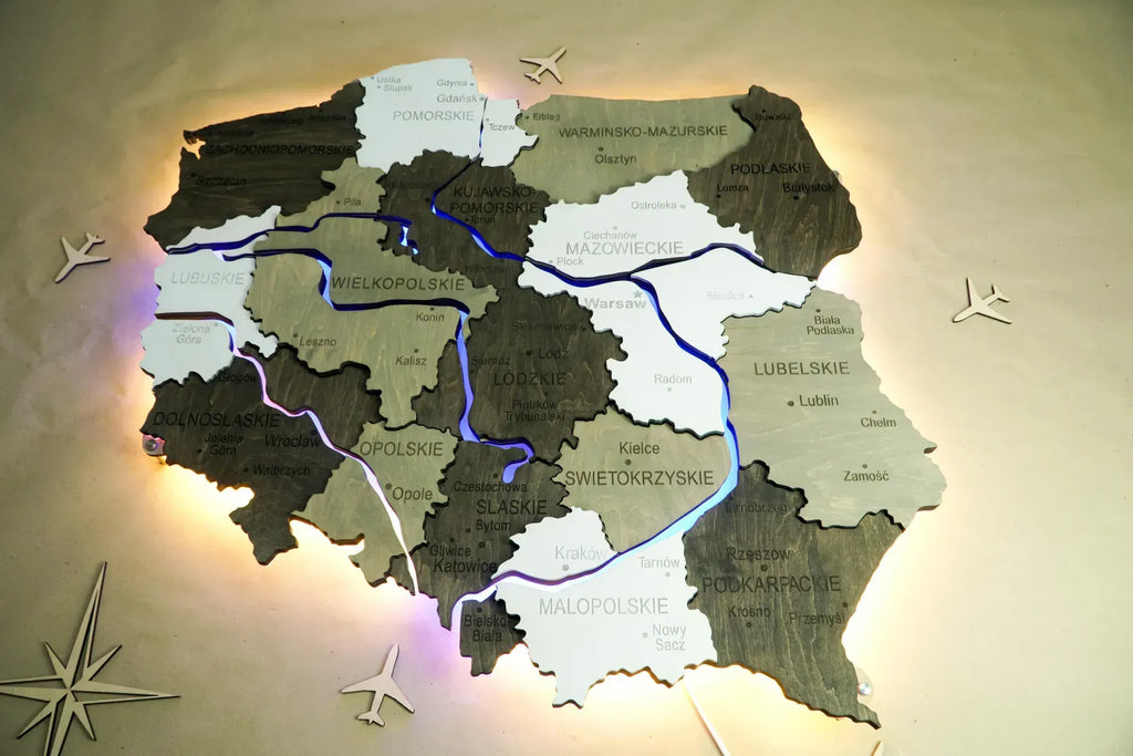 Дерев'яна багатошарова карта Польщі з підсвіткою річок та контуру, колір Black&White