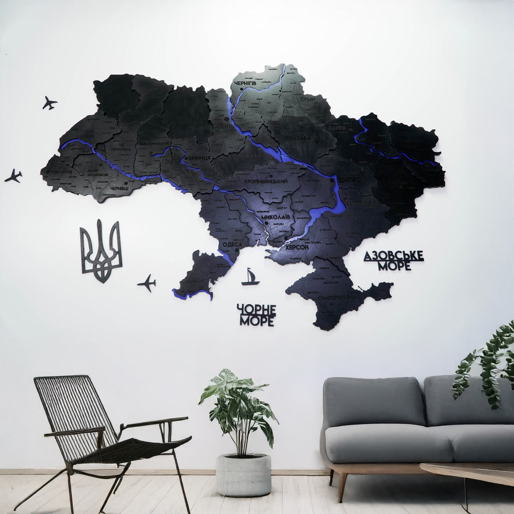 Деталізована карта України багатошарова 3D з річками колір Nero