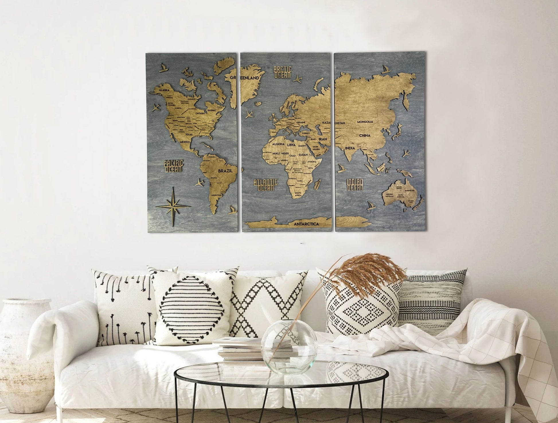 Панно карта світу триптих Blue&Nut