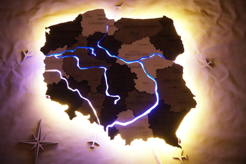 Дерев'яна багатошарова карта Польщі з підсвіткою річок та контуру, колір Black&White