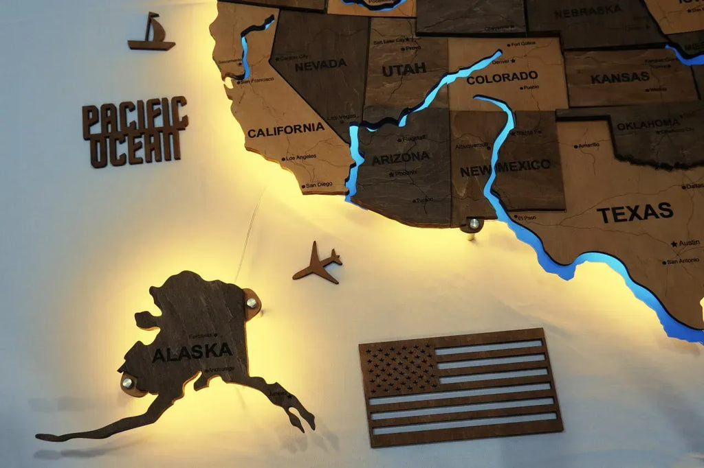 Карта США на акрилі, з дорогами та підсвіткою річок та по контуру, колір Elis