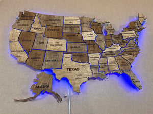 Карта США з дорогами на акрилі з підсвіткою RGB між штатами палітра Rosewood