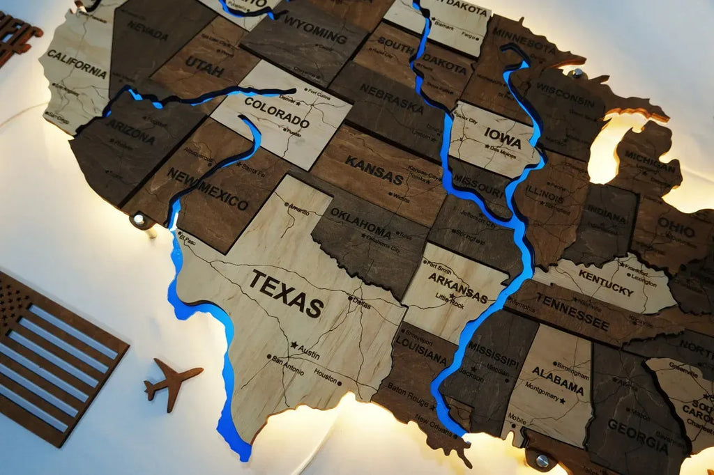 Карта США на акрилі, з дорогами та підсвіткою річок та по контуру, колір Wander