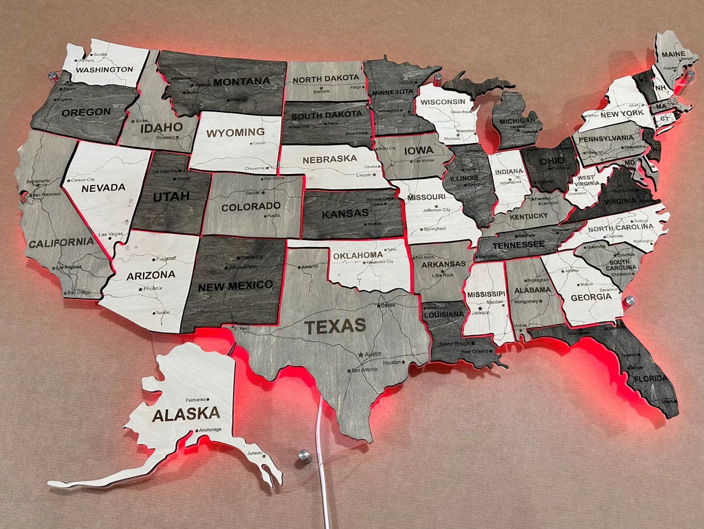 Карта США з дорогами на акрилі з підсвіткою RGB між штатами колір Black&White