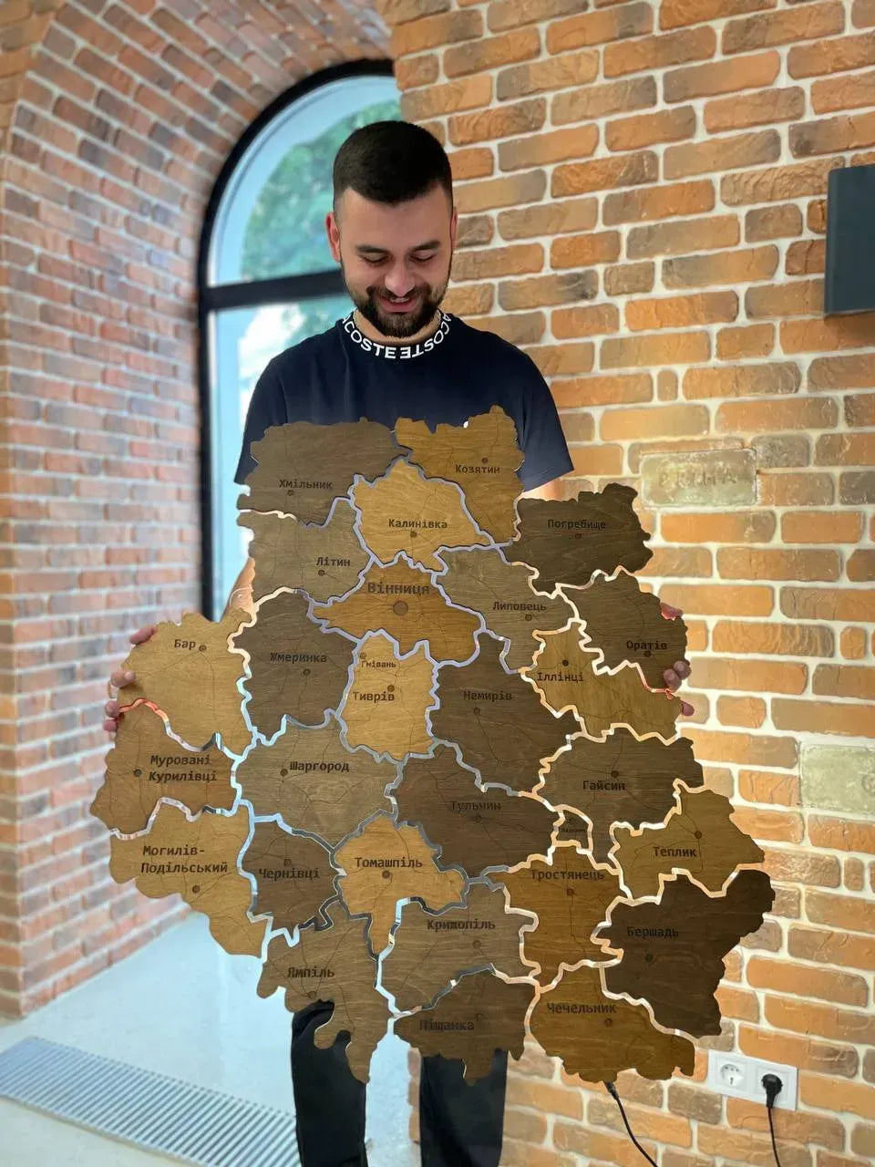 Карта Вінницької області на акрилі, з підсвіткою між районами, колір Rosewood