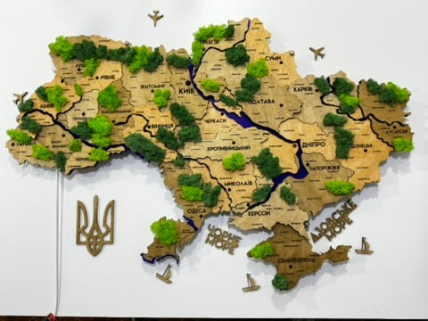 Деталізована карта України з підсвіткою річок та по контуру і мохом колір Light tree