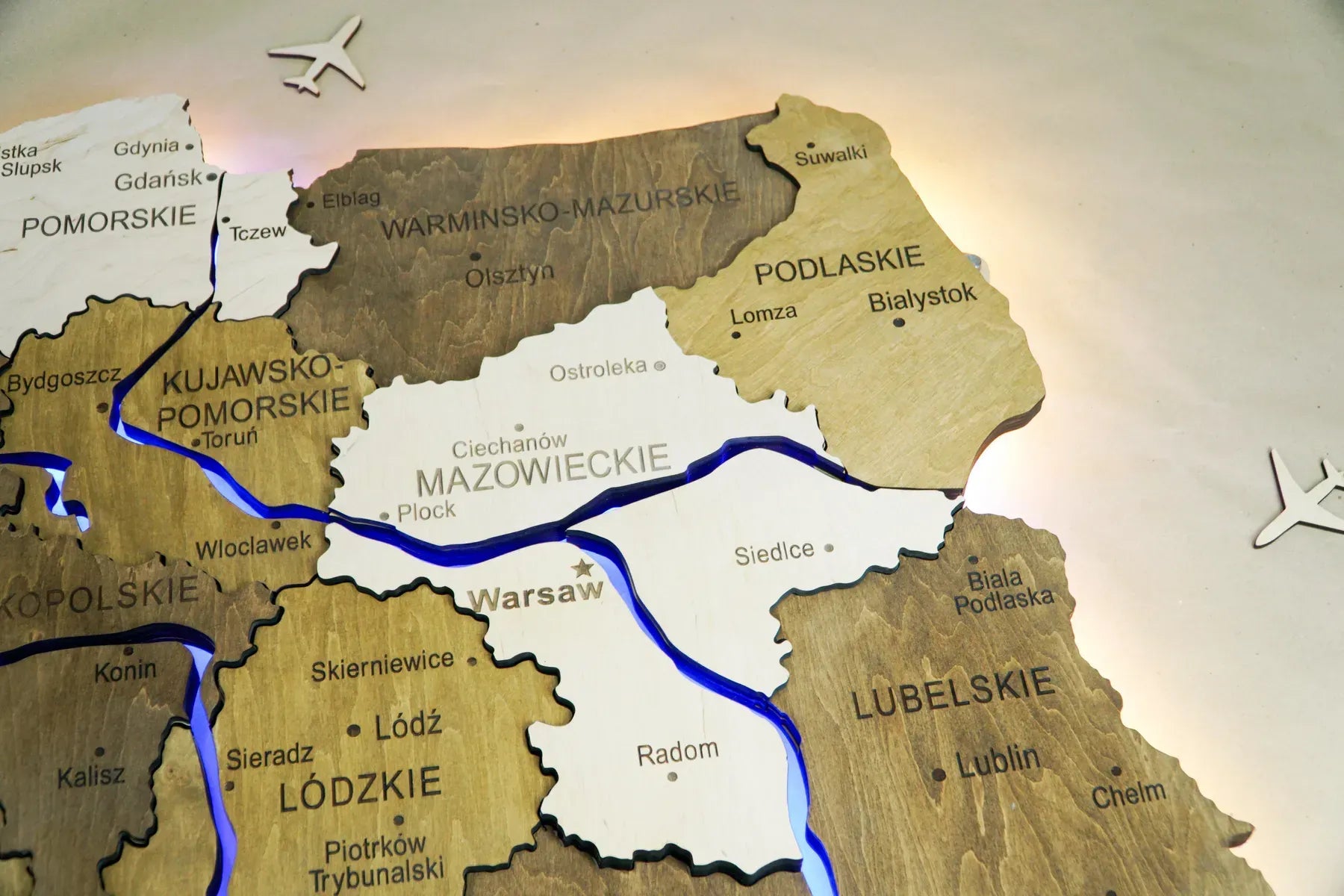 Дерев'яна багатошарова карта Польщі з підсвіткою річок та контуру, колір Wonder