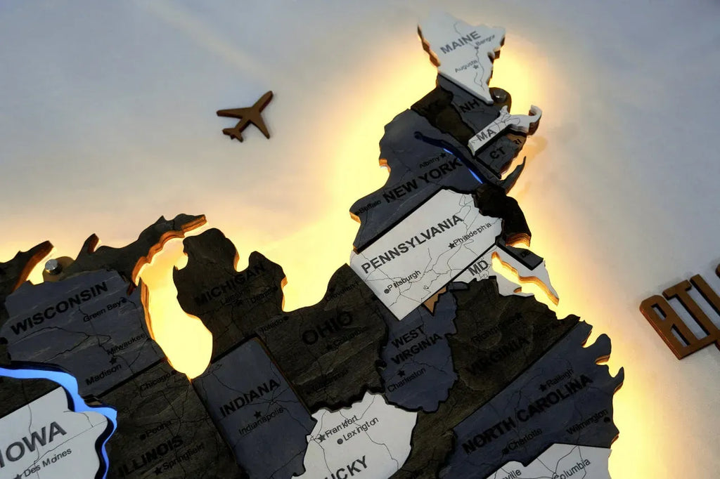 Карта США на акрилі, з дорогами та підсвіткою річок та по контуру, колір Loft