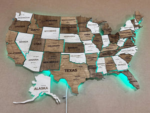 Карта США з дорогами на акрилі з підсвіткою RGB між штатами колір Terra