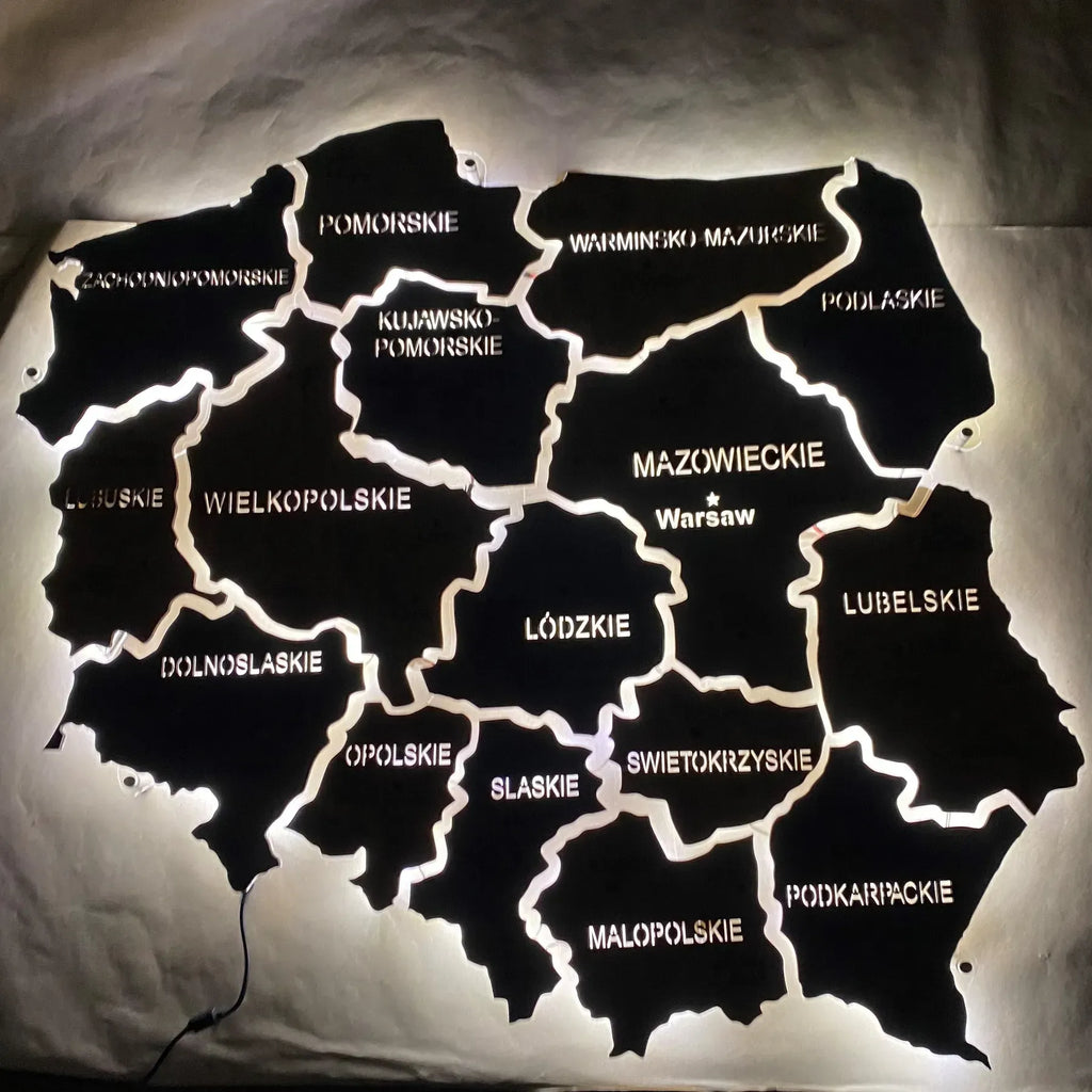 Карта Польщі на акрилі з підсвіткою між областями колір Lodz