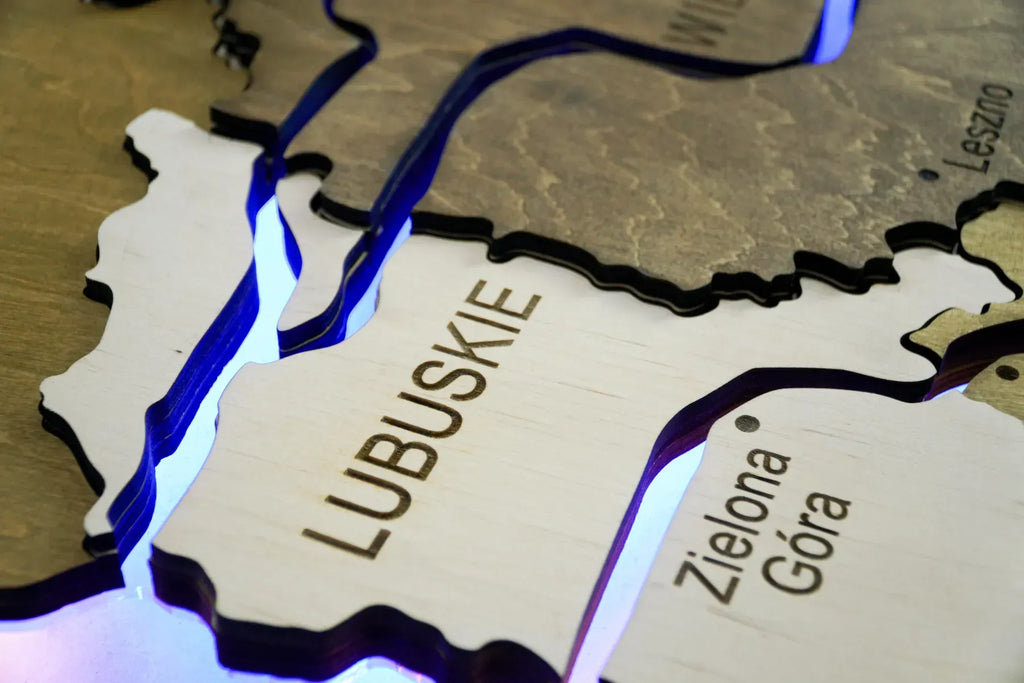 Дерев'яна багатошарова карта Польщі з підсвіткою річок та контуру, колір Wonder