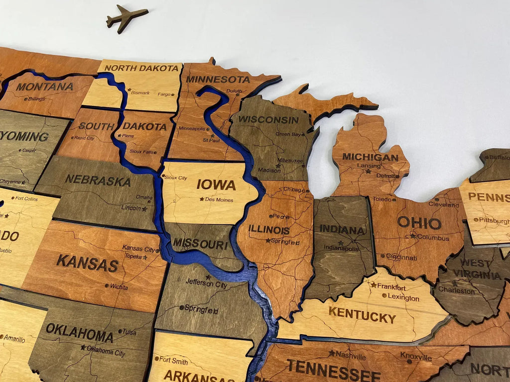 Карта США з дорогами та фарбованими річками, колір Warm