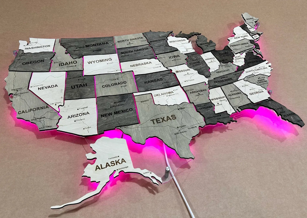 Карта США з дорогами на акрилі з підсвіткою RGB між штатами колір Black&White