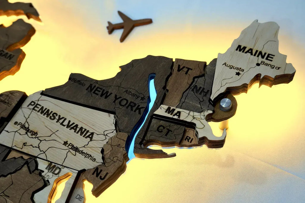 Карта США на акрилі, з дорогами та підсвіткою річок та по контуру, колір Wander