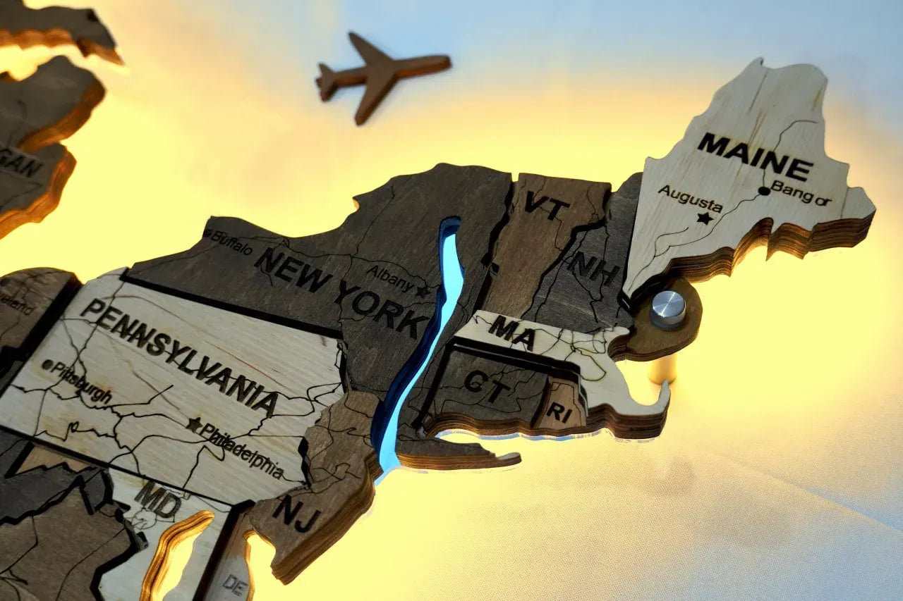 Карта США на акрилі, з дорогами та підсвіткою річок та по контуру, колір Wander