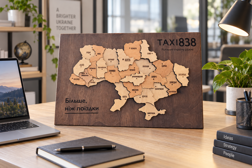 Персоналізована дерев'яна карта України з логотипом 50×30 см — Factura