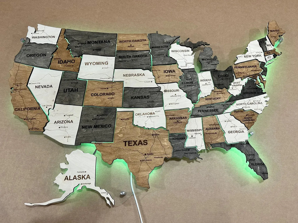 Карта США з дорогами на акрилі з підсвіткою RGB між штатами колір Wander