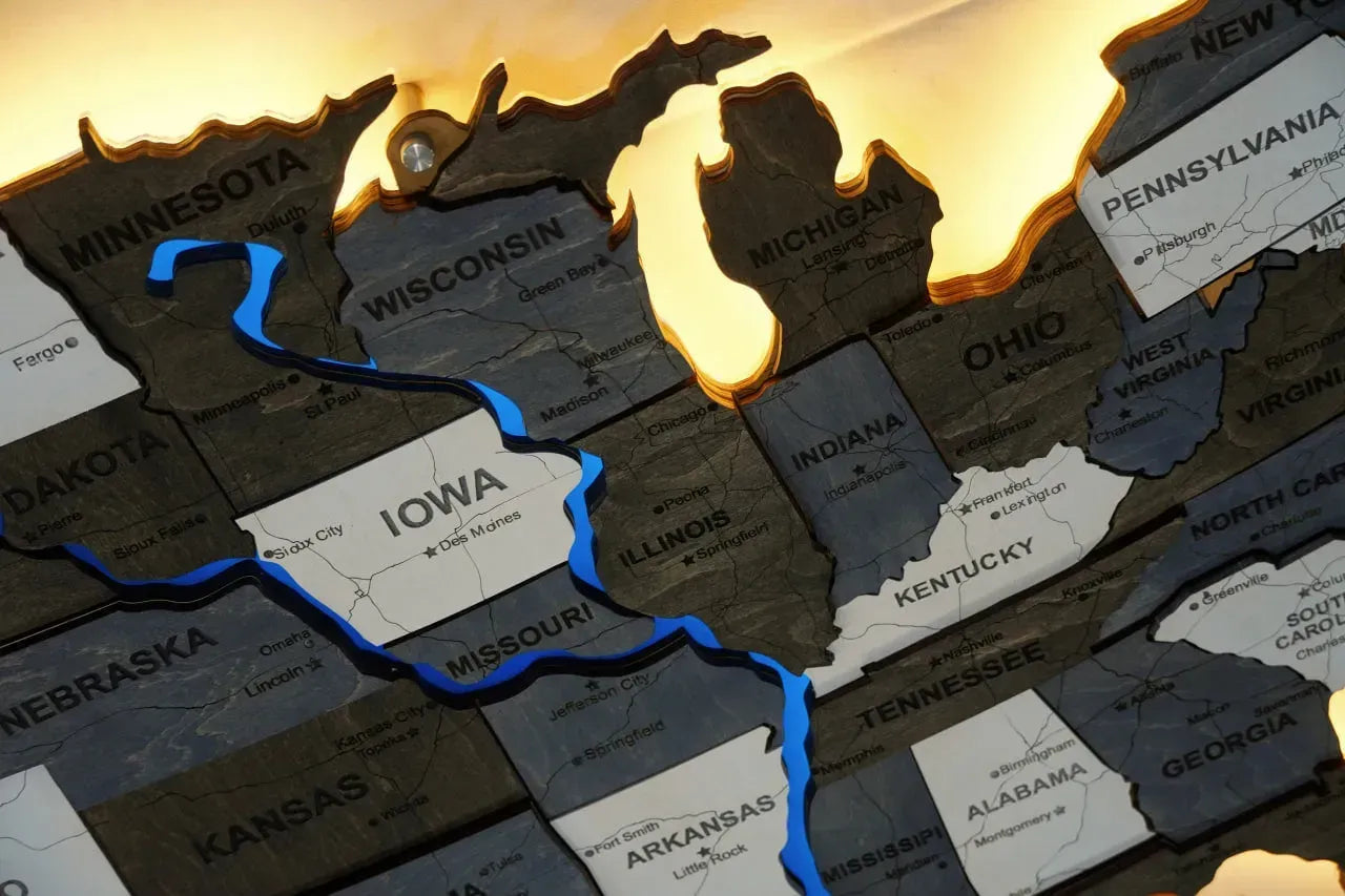 Карта США на акрилі, з дорогами та підсвіткою річок та по контуру, колір Loft