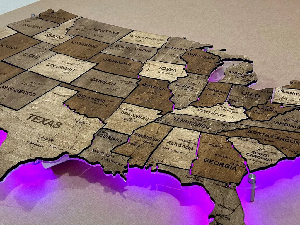 Карта США з дорогами на акрилі з підсвіткою RGB між штатами палітра Rosewood