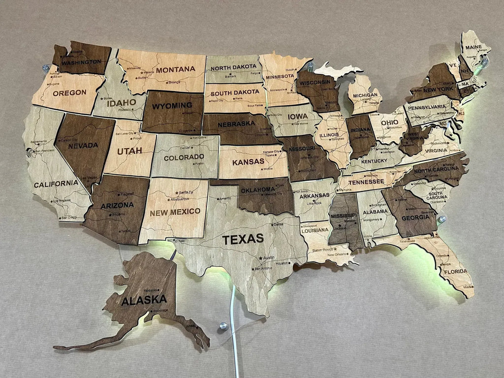 Карта США з дорогами на акрилі з підсвіткою RGB між штатами колір Memphis