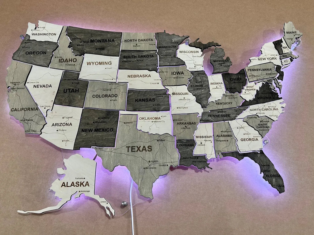 Карта США з дорогами на акрилі з підсвіткою RGB між штатами колір Black&White