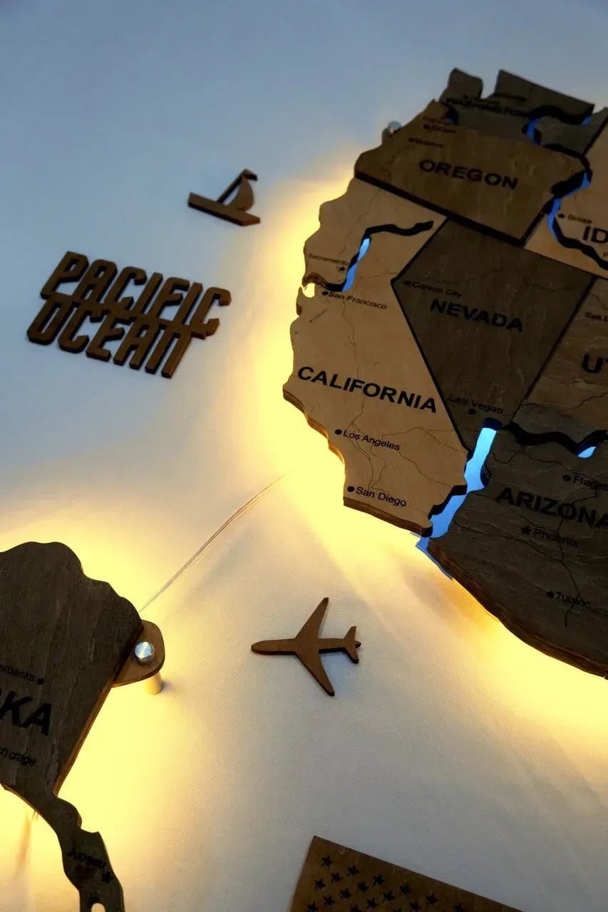 Карта США на акрилі, з дорогами та підсвіткою річок та по контуру, колір Elis