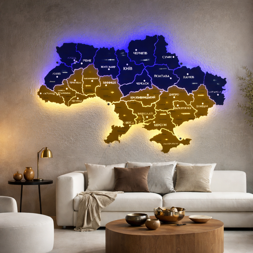 Карта України на акрилі з підсвіткою між областями колір Flag