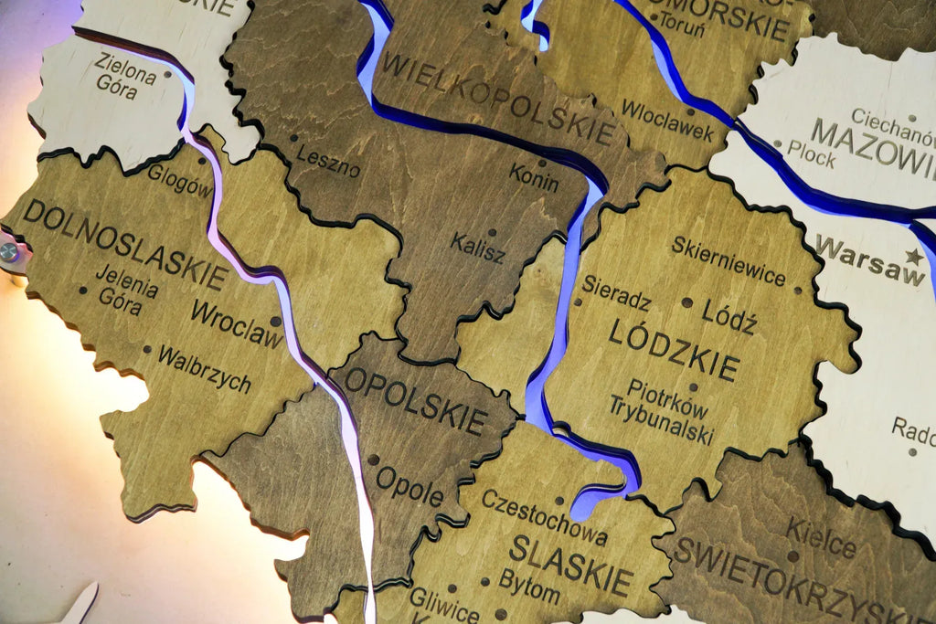 Дерев'яна багатошарова карта Польщі з підсвіткою річок та контуру, колір Wonder