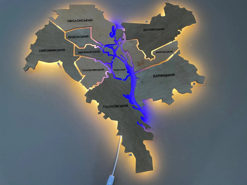 Карта міста Київ на акрилі, з підсвіткою між районами, колір Light Tree