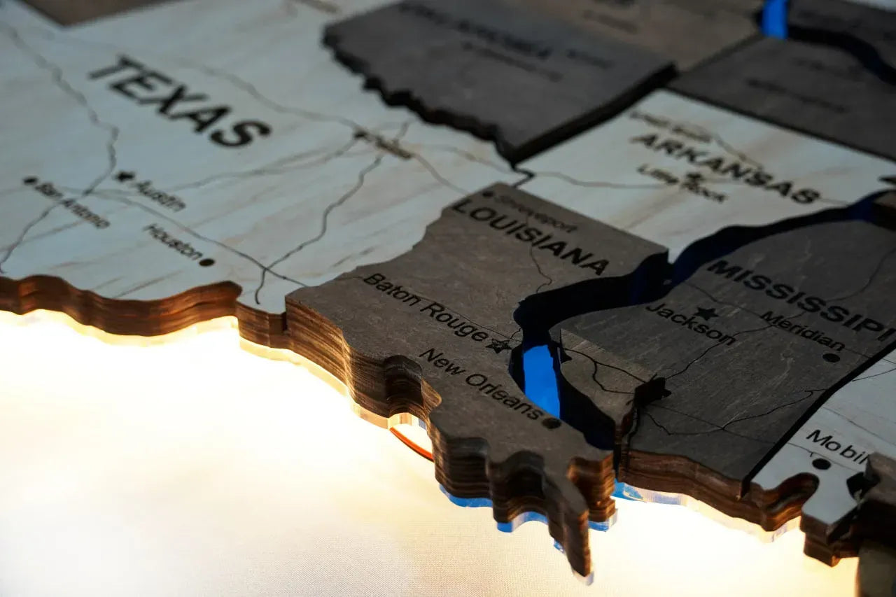 Карта США на акрилі, з дорогами та підсвіткою річок та по контуру, колір Wander