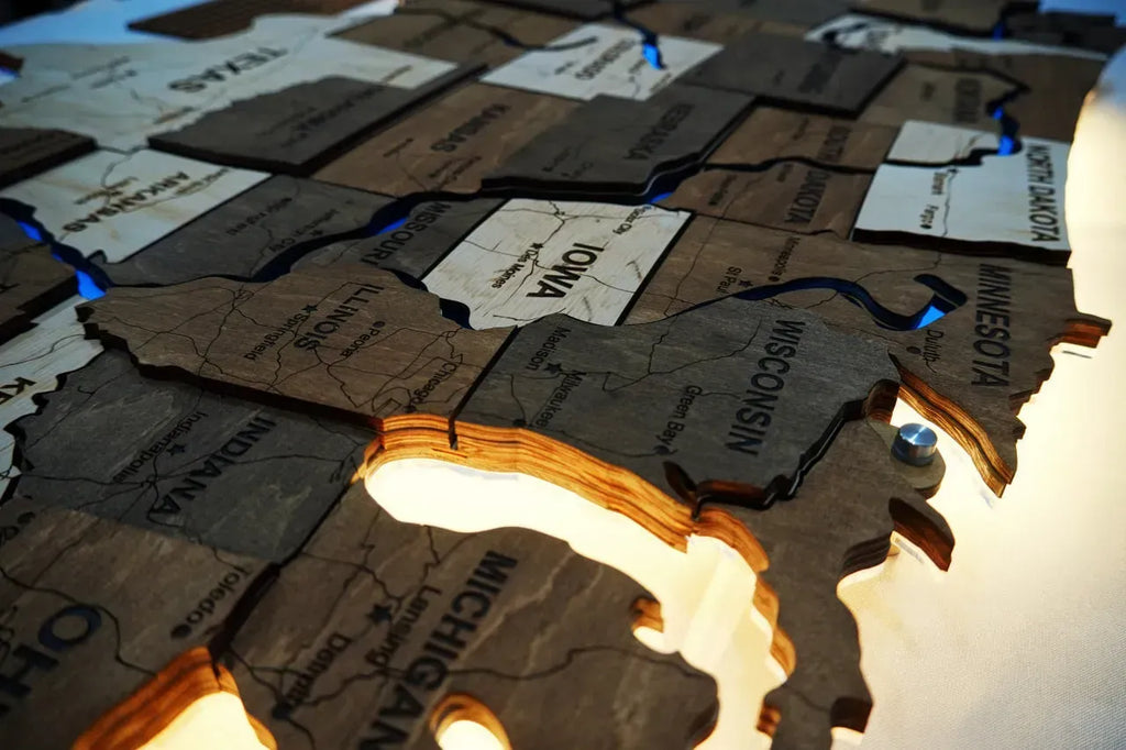 Карта США на акрилі, з дорогами та підсвіткою річок та по контуру, колір Wander