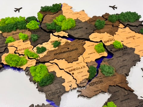 Деталізована багатошарова карта України з підсвіткою річок та по контуру і мохом колір Brut
