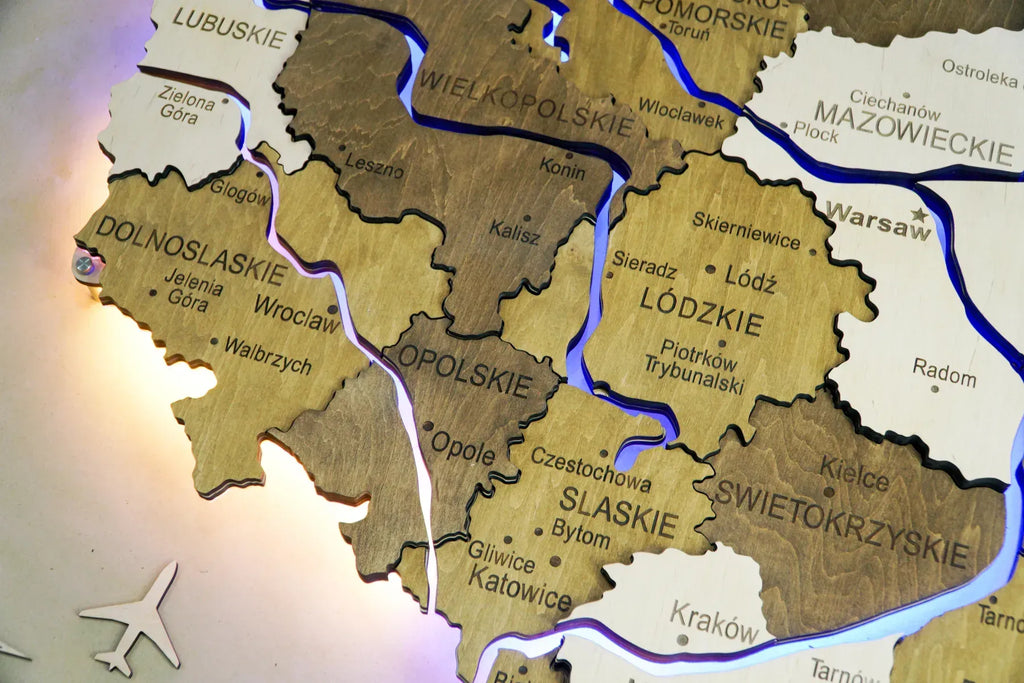 Дерев'яна багатошарова карта Польщі з підсвіткою річок та контуру, колір Wonder
