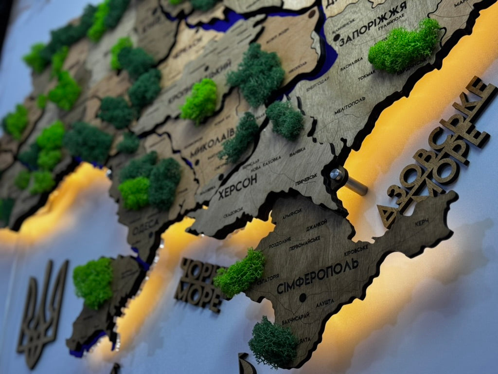 Деталізована карта України з підсвіткою річок та по контуру і мохом колір Light tree