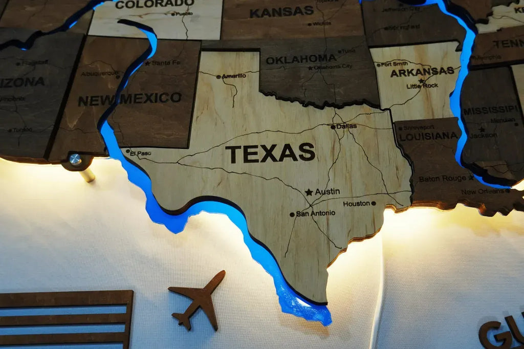 Карта США на акрилі, з дорогами та підсвіткою річок та по контуру, колір Wander