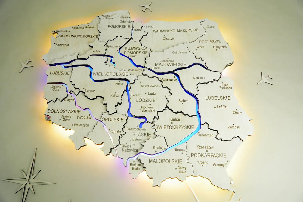 Дерев'яна багатошарова карта Польщі з підсвіткою річок та контуру, колір Natural